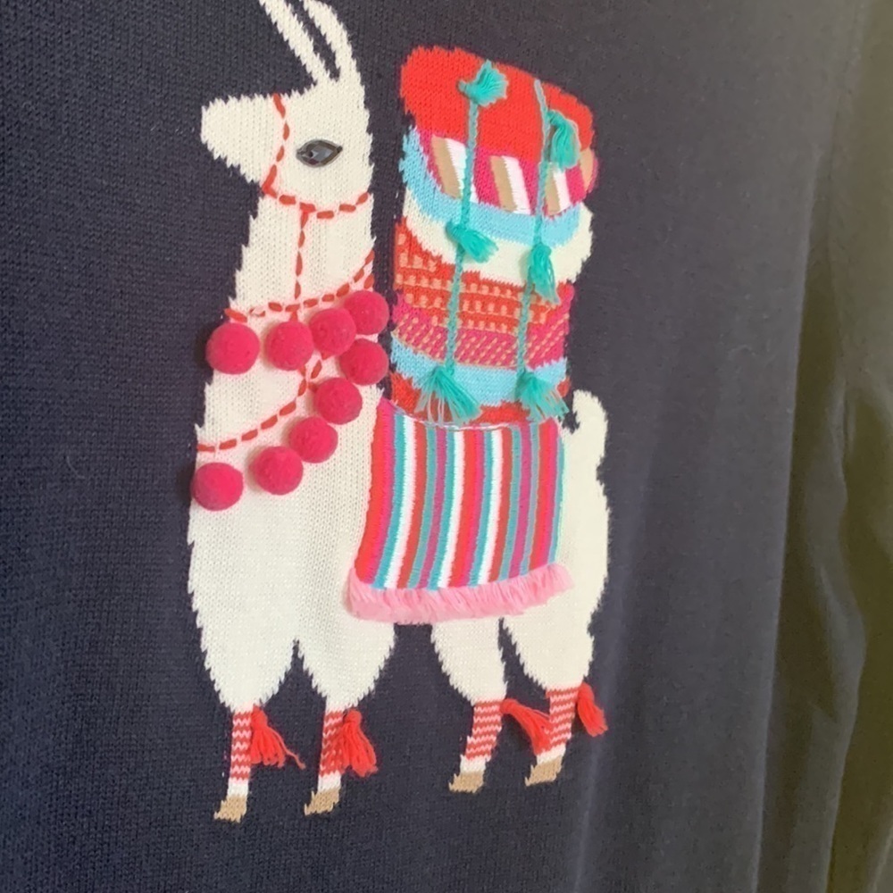 Talbots | Blue Llama Embroidered Pom Pom 3 D Knit Pullover Fun Sweater M - Picture 6 of 17